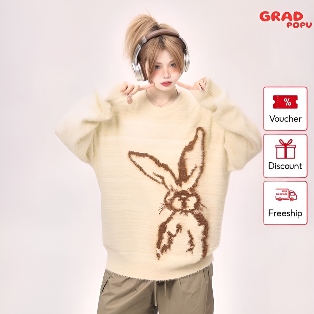 Áo len nữ hàn quốc form rộng GRADPOPU PAL11 vải mohair mềm mịn thông thoáng cổ tròn in hỉnh thỏ basic