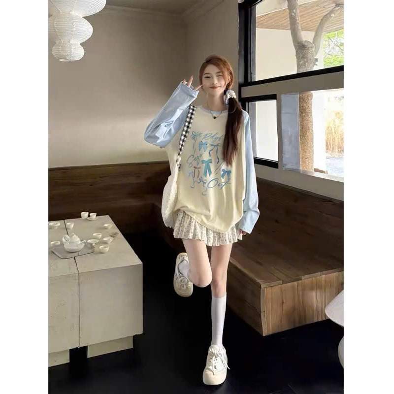 Áo thun nữ tay dài phối màu trắng xanh in hình pastel siêu xinh JULYFASHION, áo thun tay dài chất thun xượt Hàn Quốc