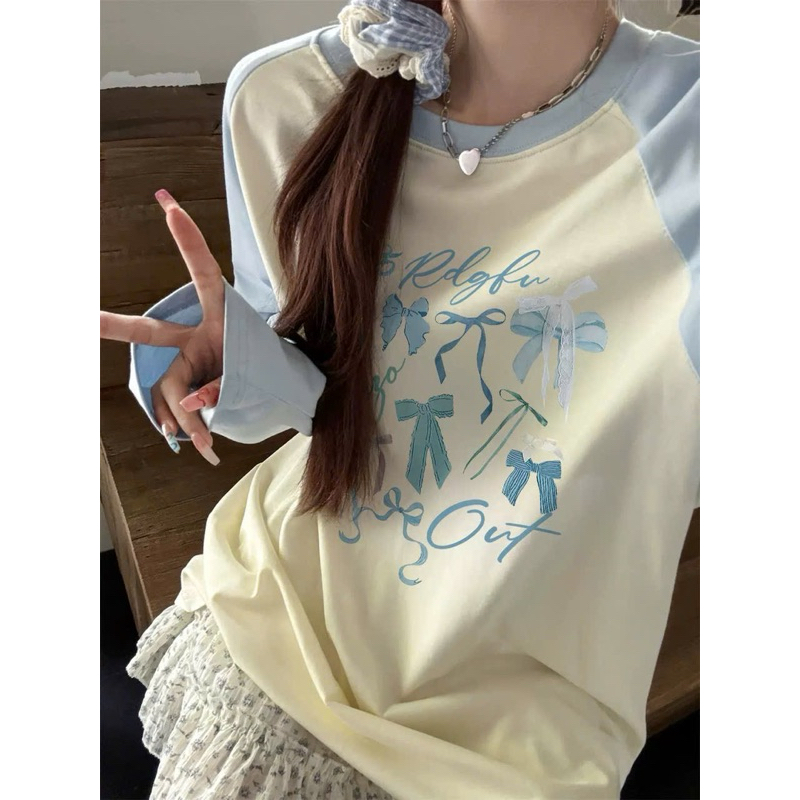 Áo thun nữ tay dài phối màu trắng xanh in hình pastel siêu xinh JULYFASHION, áo thun tay dài chất thun xượt Hàn Quốc