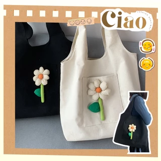 Túi vải bố đeo vai canvas tote CIAO CV16 Phong cách Hàn Quốc đính bông hoa nổi 3D túi vải màu kem size 42x36cm