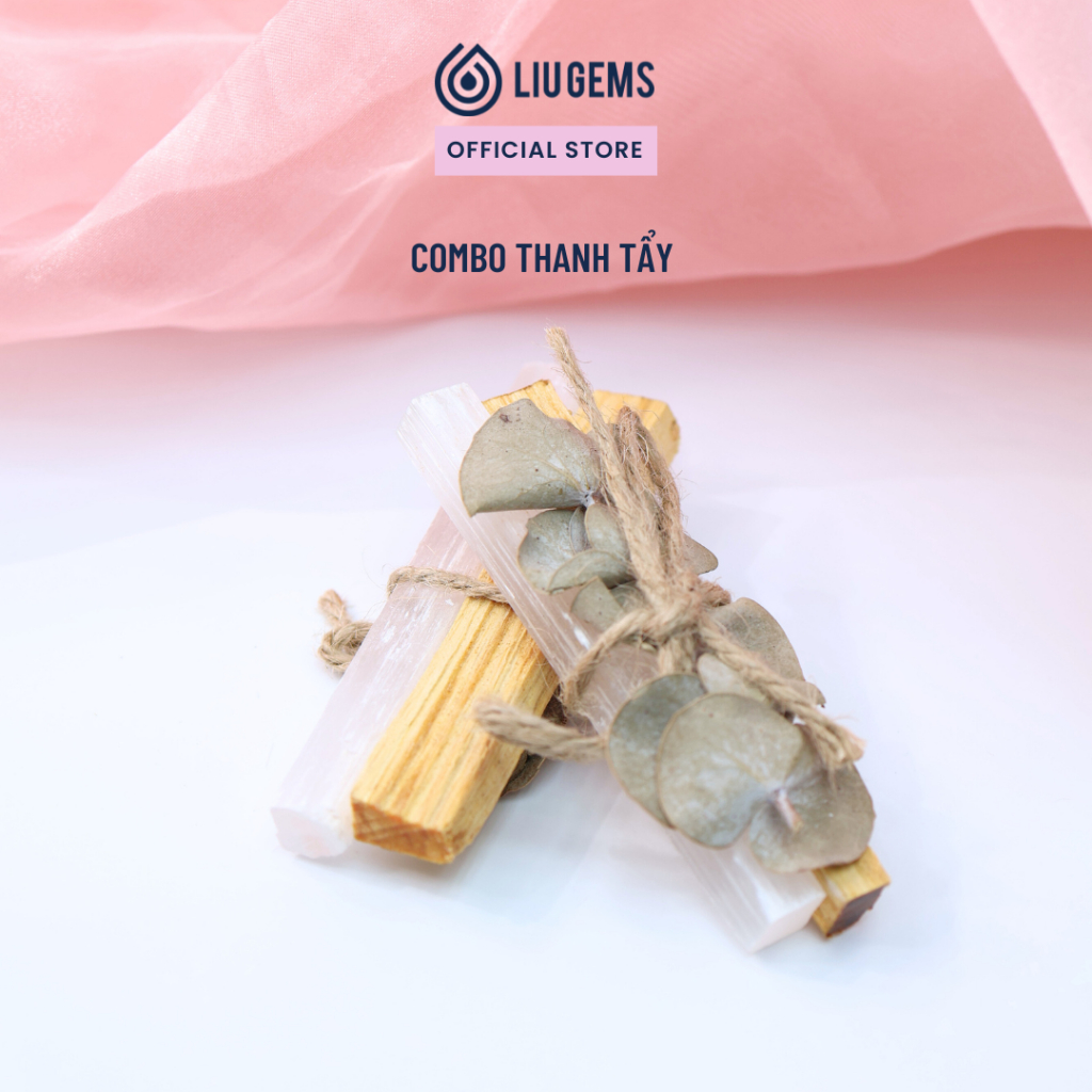 Combo Thanh Tẩy 3 Món Gỗ Palo Santo, Thanh Selenite, Lá Khuynh Diệp Liugems Xông Nhà, Loại Bỏ Năng Lượng Tiêu Cực PK36