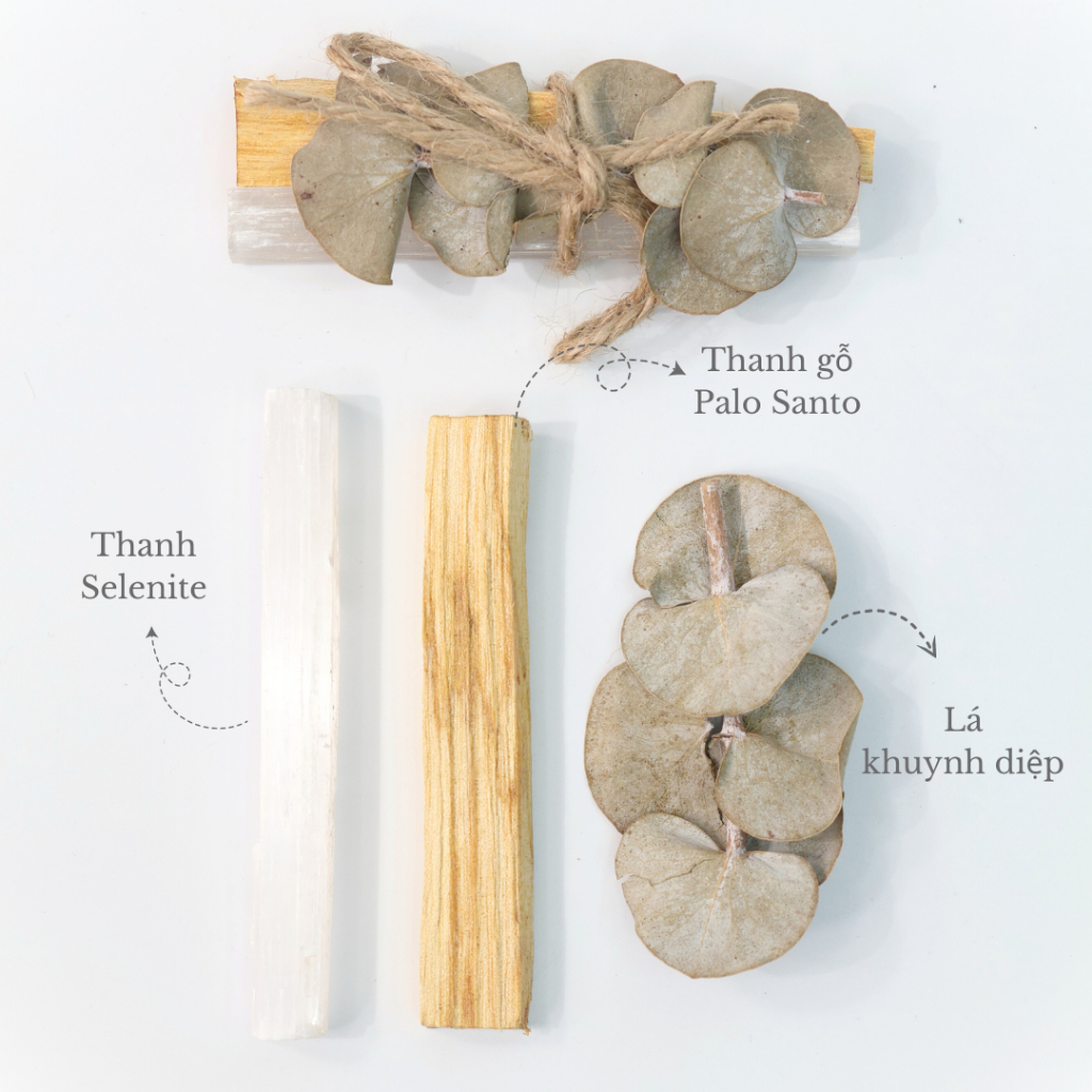 Combo Thanh Tẩy 3 Món Gỗ Palo Santo, Thanh Selenite, Lá Khuynh Diệp Liugems Xông Nhà, Loại Bỏ Năng Lượng Tiêu Cực PK36