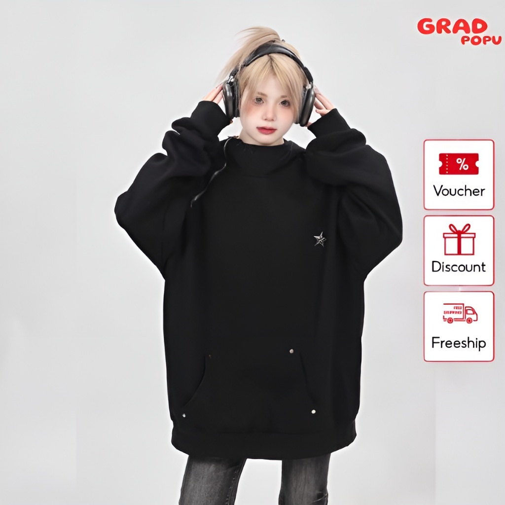 Áo hoodie nữ form rộng GRADPOPU PH29 vải nỉ 2 lớp dày dặn có mũ trùm đầu thiết kế giả khóa kéo bên vai độc đáo