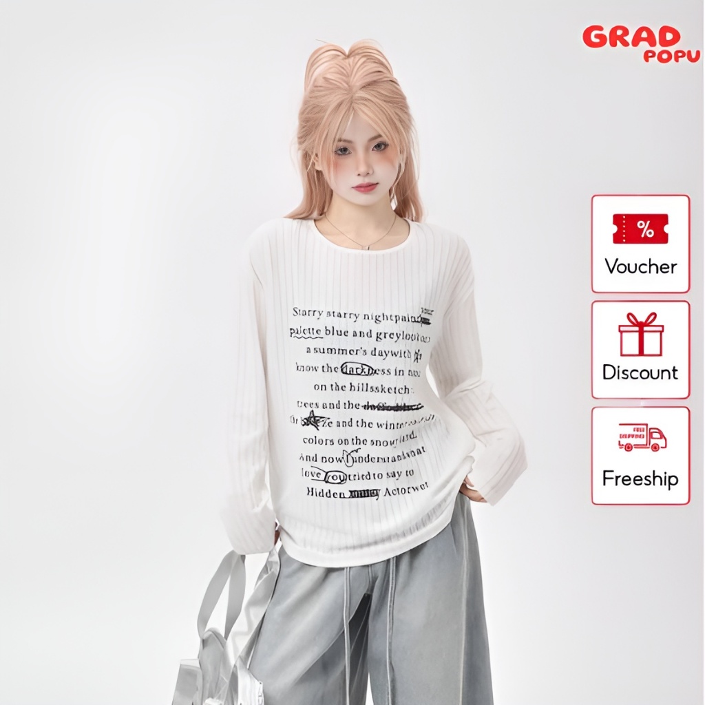 Áo thun nữ dài tay form rộng GRADPOPU PAT69 chất thun co giãn mềm mại cổ tròn in chữ độc đáo