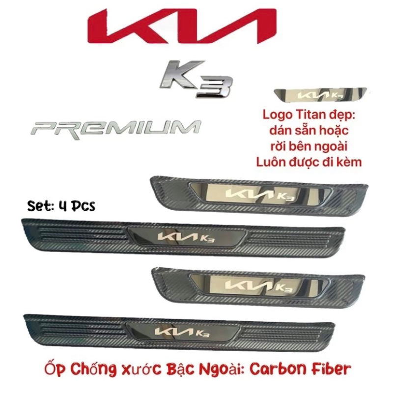 Ốp bậc cửa, Ốp chống trầy cốp xe KIA K3 2021-2024 vân Carbon cao cấp