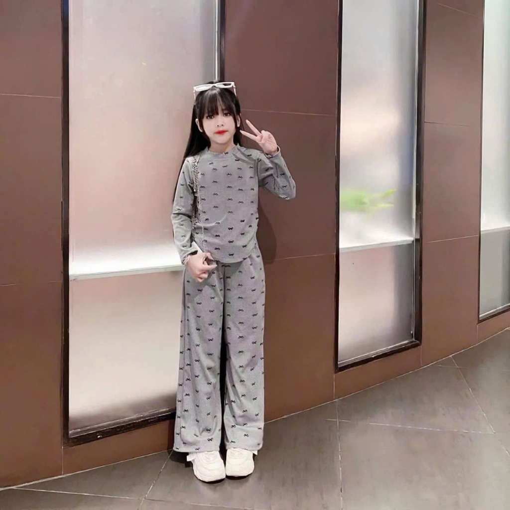 2-14 TUỔI Bộ thu đông dài tay cho bé gái chất vải TĂM LẠNH mềm mịn co giãn thoải mái in hình NƠ M08