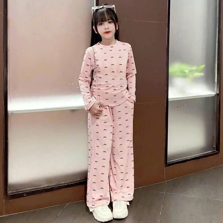 2-14 TUỔI Bộ thu đông dài tay cho bé gái chất vải TĂM LẠNH mềm mịn co giãn thoải mái in hình NƠ M08