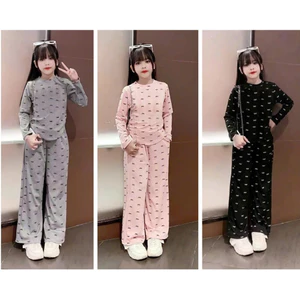 BỘ THU CHẤT TĂM LẠNH DÀI TAY CHO BÉ GÁI QUẦN ỐNG RỘNG IN NƠ M08