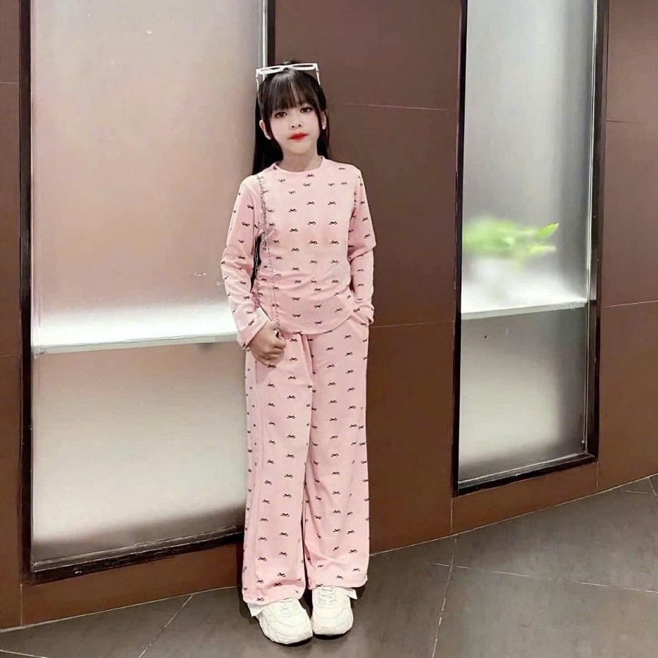 BỘ THU CHẤT TĂM LẠNH DÀI TAY CHO BÉ GÁI QUẦN ỐNG RỘNG IN NƠ MS08