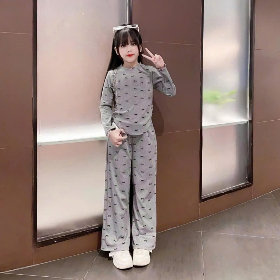 BỘ THU CHẤT TĂM LẠNH DÀI TAY CHO BÉ GÁI QUẦN ỐNG RỘNG IN NƠ MS08
