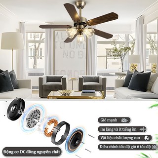 Gogeous Quạt trần cách cổ điển phòng khách/phòng ngủ đèn quạt trần màu nâu gỗ 3 tốc độ gió
