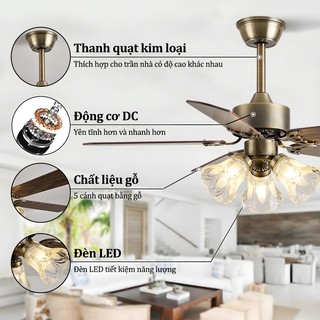 Gogeous Quạt trần cách cổ điển phòng khách/phòng ngủ đèn quạt trần màu nâu gỗ 3 tốc độ gió
