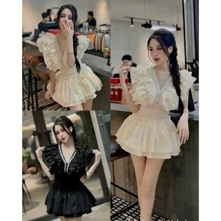Set váy hot girl chất voan nhúng eo ngắn xoè áo cổ chữ V đính đá siêu sáng phối bèo tầng thời trang