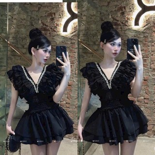 Set váy hot girl chất voan nhúng eo ngắn xoè áo cổ chữ V đính đá siêu sáng phối bèo tầng thời trang