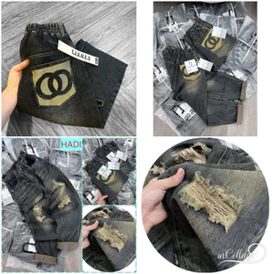 Quần baggy jean mài rách thêu 00