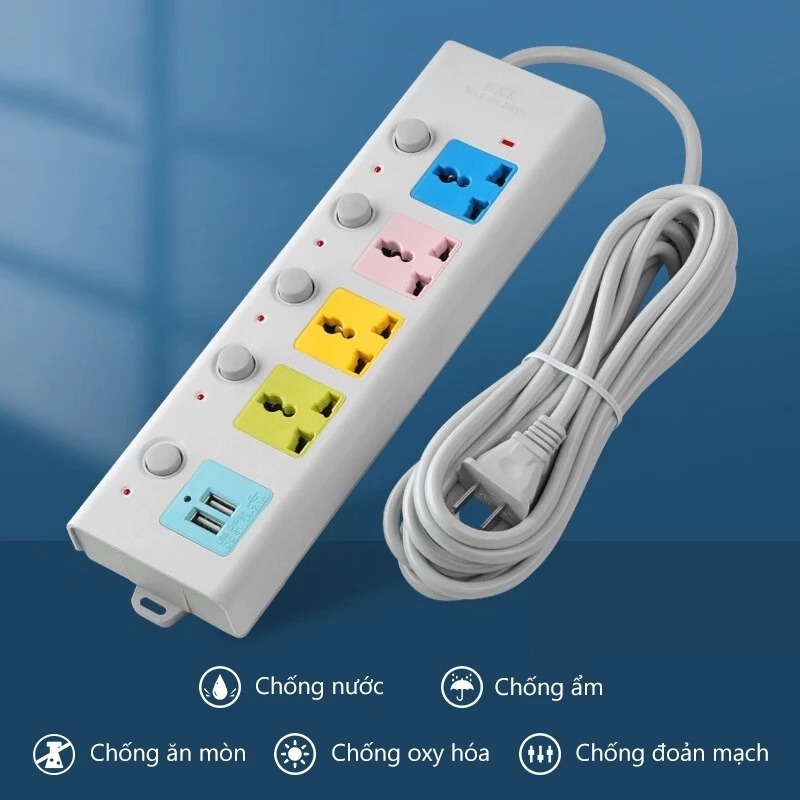 Ổ Cắm Điện Đa Năng Màu Xanh 3 Cổng USB 6 Phích Cắm Ca Chống Giật Dây Chịu Tải 2000W