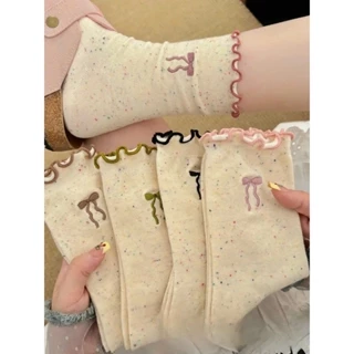 Set 5 Đôi Tất Vớ Nữ Cổ Cao Cotton Nơ Muối Tiêu Phối Viền Bèo Phong Cách Hàn Quốc Tt58