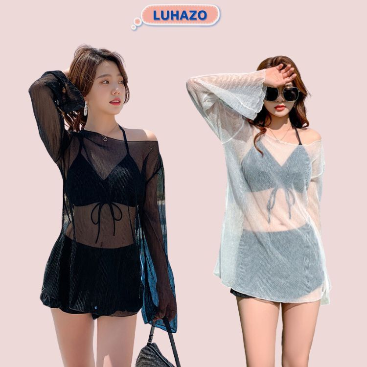 Ảnh Bikini LUHAZO đi biển du lịch 3 chi tiết nữ áo rút dây có mút ngực kèm quần nhún và áo lưới kín đáo 9961 TK13T4 1