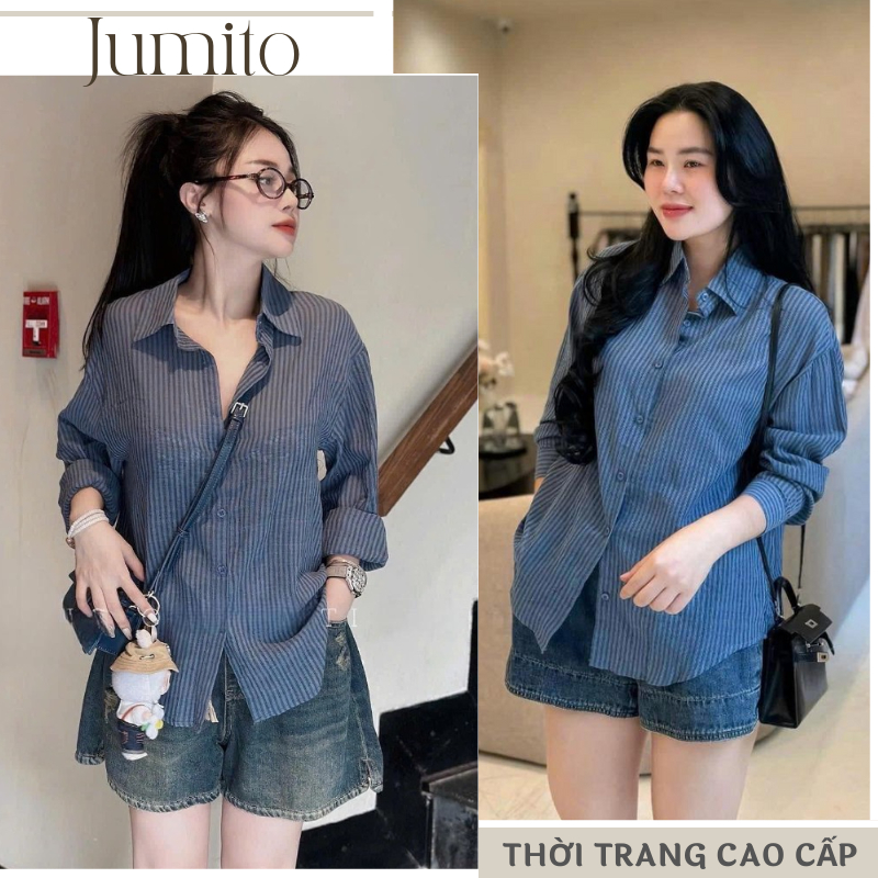 Áo sơ mi nữ dài tay kẻ sọc chất thô thoáng mát thấm hút mồ hôi Jumito, áo nữ thời trang công sở hàng cao cấp HCOM3054