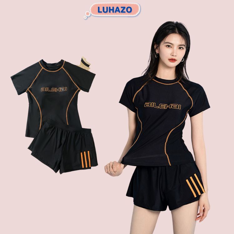 Ảnh Bikini đi biển nữ LUHAZO du lịch kín đáo đùi 2023 ngắn Tay đi biển Hàn Quốc 2 mảnh  kiểu Quảng Châu Đẹp Co Giãn 6830 1