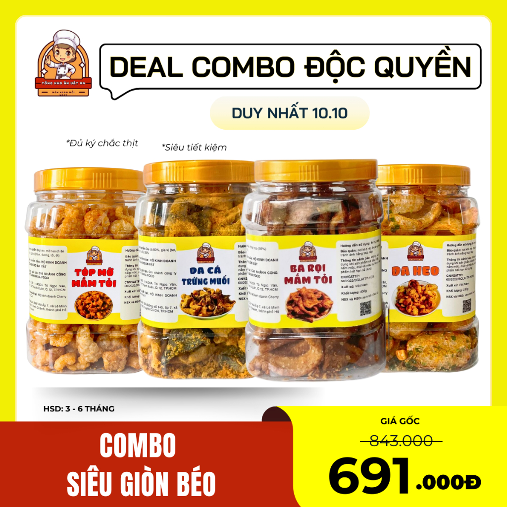 [GIẢM 40K] Combo BÉO GIÒN 4 Món - Ba Rọi Mắm Tỏi, Da Cá Trứng Muối, Tóp ...