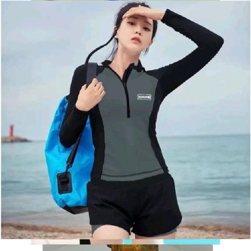 BKN 016 XÁM Sẵn HCM (Size M, L) Đồ Bơi Đi Biển Áo Dài Tay in chữ Quần 2 Lớp dáng thể thao HAN.T Shop