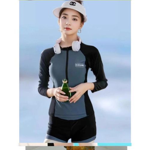 BKN 016 XÁM Sẵn HCM (Size M, L) Đồ Bơi Đi Biển Áo Dài Tay in chữ Quần 2 Lớp dáng thể thao HAN.T Shop