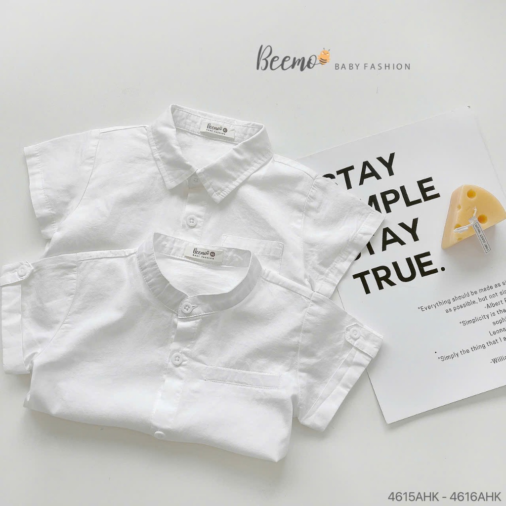 Áo sơ mi trắng cộc tay bé trai, áo sơ mi thô lụa cổ tàu và cổ đức bé trai