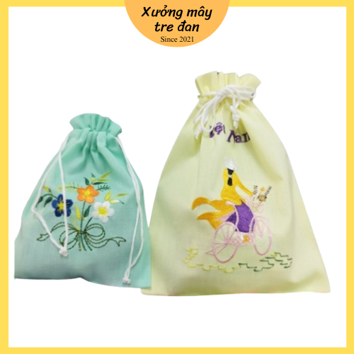 Túi vải cotton dây rút thêu cô gái áo dài Việt Nam, hoa xinh các size ...