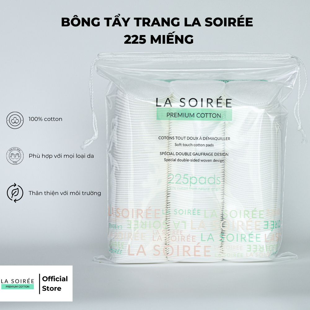 Combo bông tẩy trang cotton La Soirée miếng tròn và vuông dai mềm [225 tròn + 120 tròn + 85 vuông]