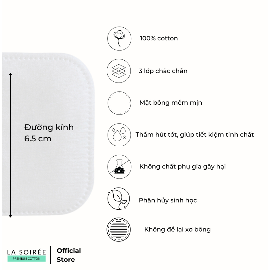 Combo bông tẩy trang cotton La Soirée miếng tròn và vuông dai mềm [225 tròn + 120 tròn + 85 vuông]