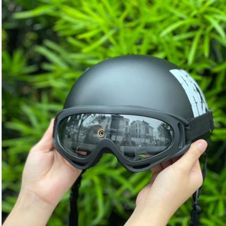 Mũ Bảo Hiểm Teem Rock Trắng, Nón Bảo Hiểm Đi Phượt Nửa Đầu Kèm Kính UV 400 và kính phi công