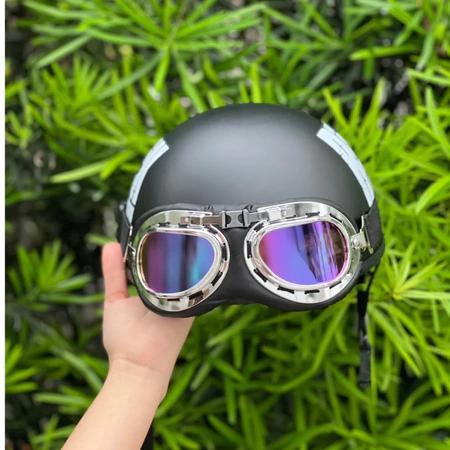Mũ Bảo Hiểm Teem Rock Trắng, Nón Bảo Hiểm Đi Phượt Nửa Đầu Kèm Kính UV 400 và kính phi công