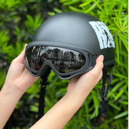 Mũ Bảo Hiểm Teem Rock Trắng, Nón Bảo Hiểm Đi Phượt Nửa Đầu Kèm Kính UV 400 và kính phi công