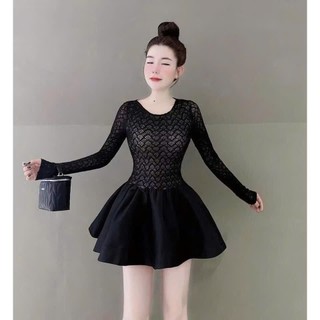 ĐẦm Xốp Ren Lưới Cổ tròn Phối Tắc Ca Bồng Bềnh Dáng Xòe Ngắn