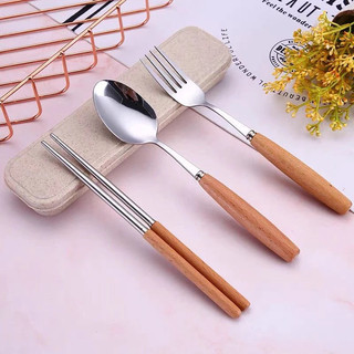 Set 3 Món Thìa Đũa Dĩa Mutelove Cán Gỗ Kèm Hộp Đựng Lúa Mạch Đa Năng