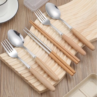 Set 3 Món Thìa Đũa Dĩa Mutelove Cán Gỗ Kèm Hộp Đựng Lúa Mạch Đa Năng