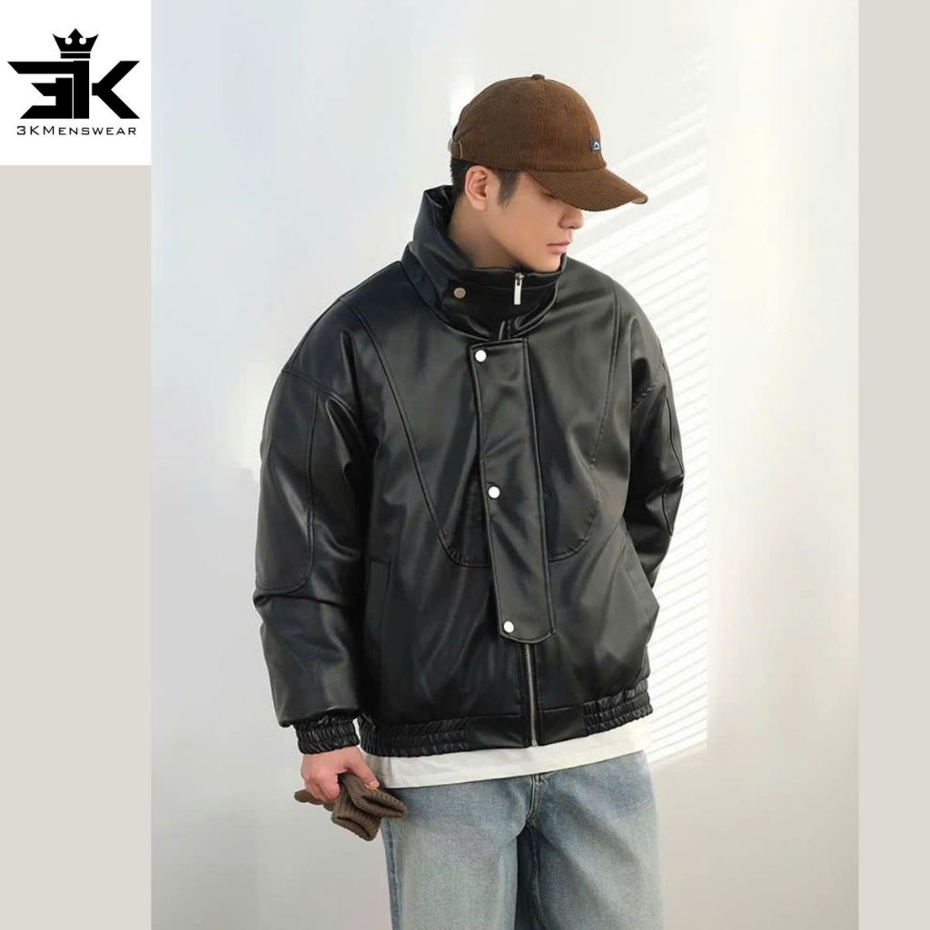 Áo khoác da nam nữ cổ bẻ 2 lớp lót lụa basic 2 màu 3Kmenswear ,from từ 45- 85kg mùa đông