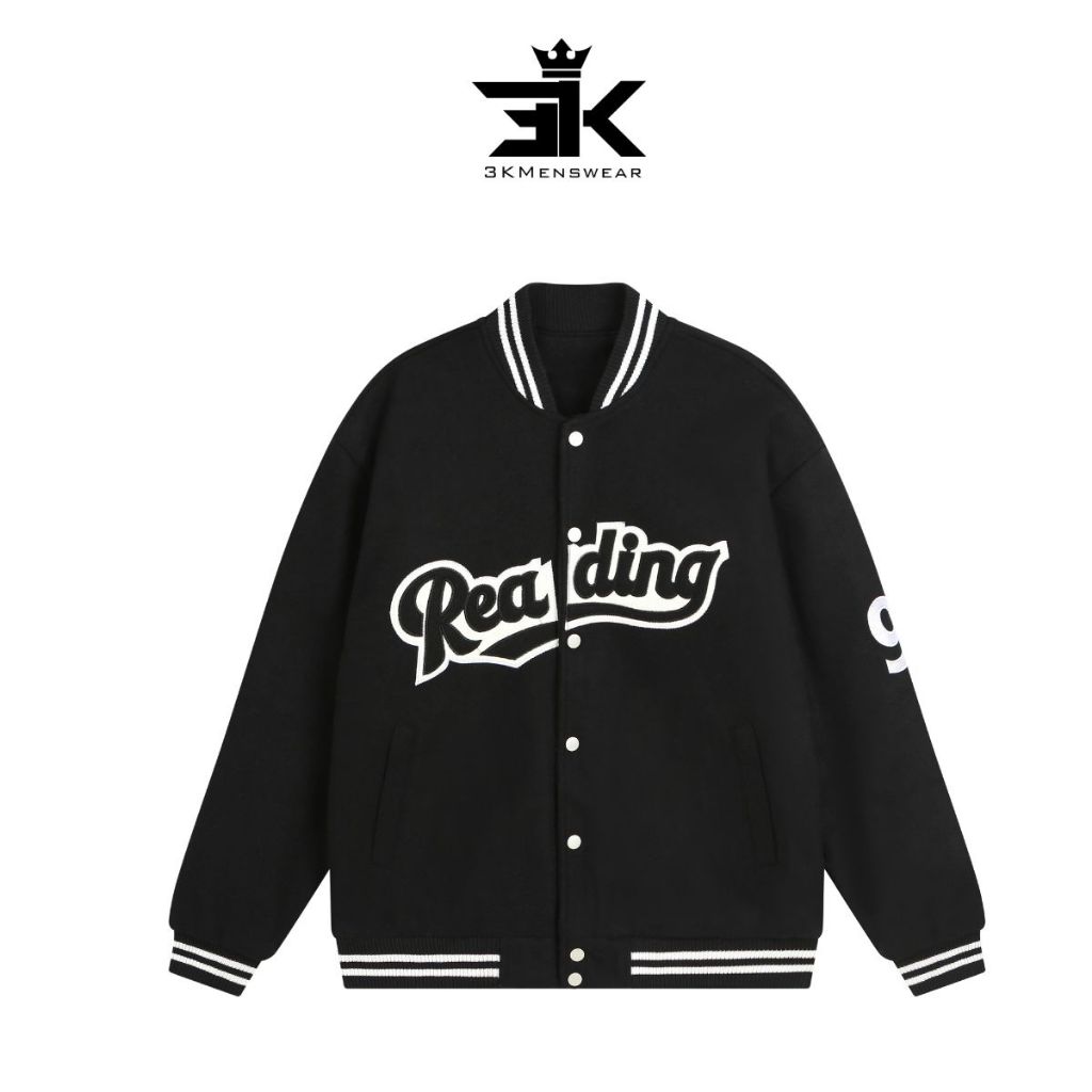 Áo khoác bomber, áo jacket trần bông ba lớp basic hình thêu 3Kmenswear dạ ép cho mùa đông