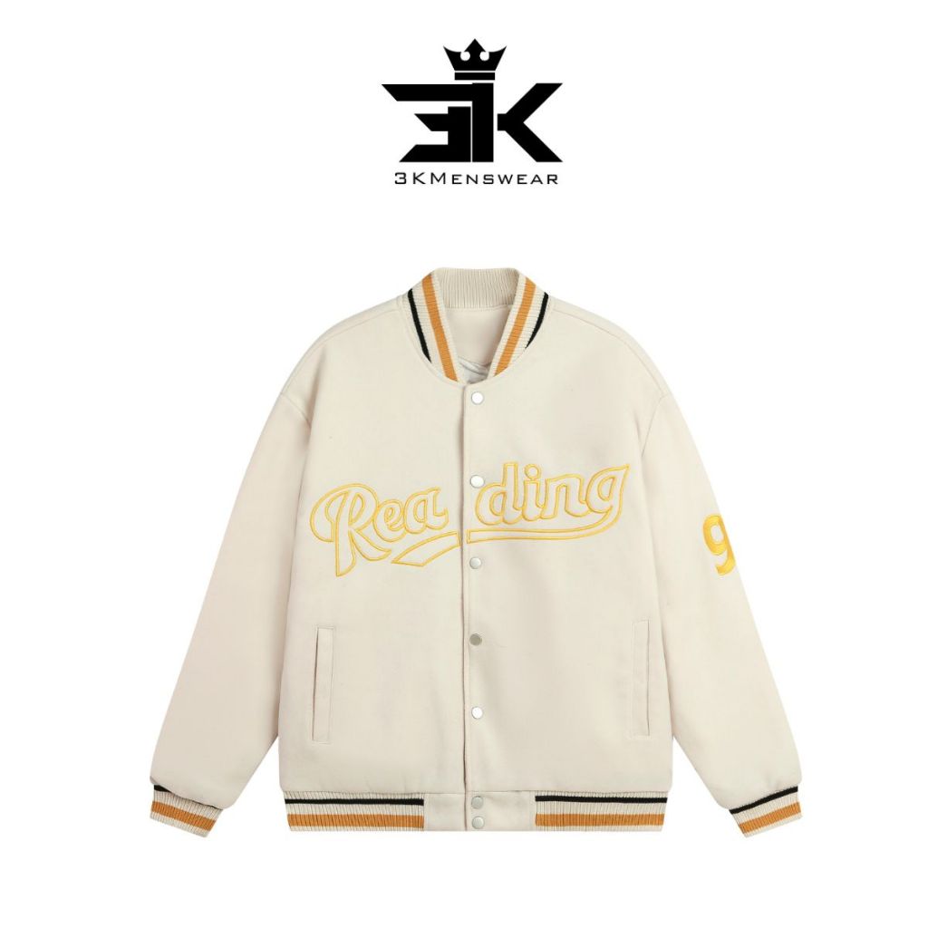 Áo khoác bomber, áo jacket trần bông ba lớp basic hình thêu 3Kmenswear dạ ép cho mùa đông