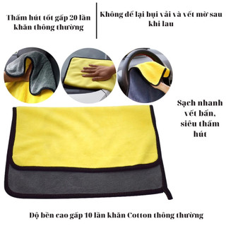 Khăn Lau Xe Ô Tô 2 Lớp Vàng Xám Có Móc Treo Khăn Microfiber Chuyên Dụng Không Đổ Lông, Không Phai