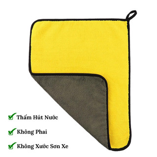 Khăn Lau Xe Ô Tô 2 Lớp Vàng Xám Có Móc Treo Khăn Microfiber Chuyên Dụng Không Đổ Lông, Không Phai