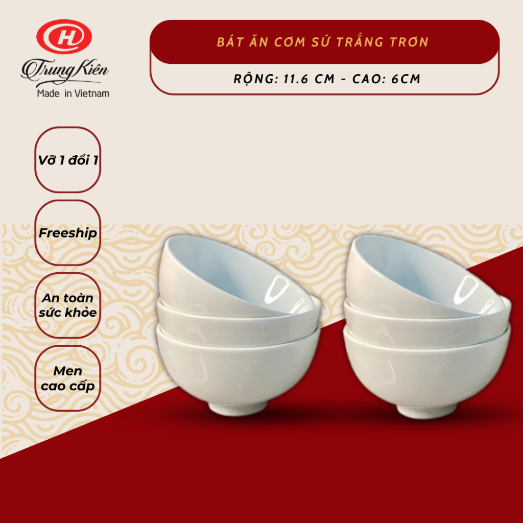 Bát cơm trắng trơn đơn giản sứ Trung Kiên cao cấp chén cơm sứ trắng ...