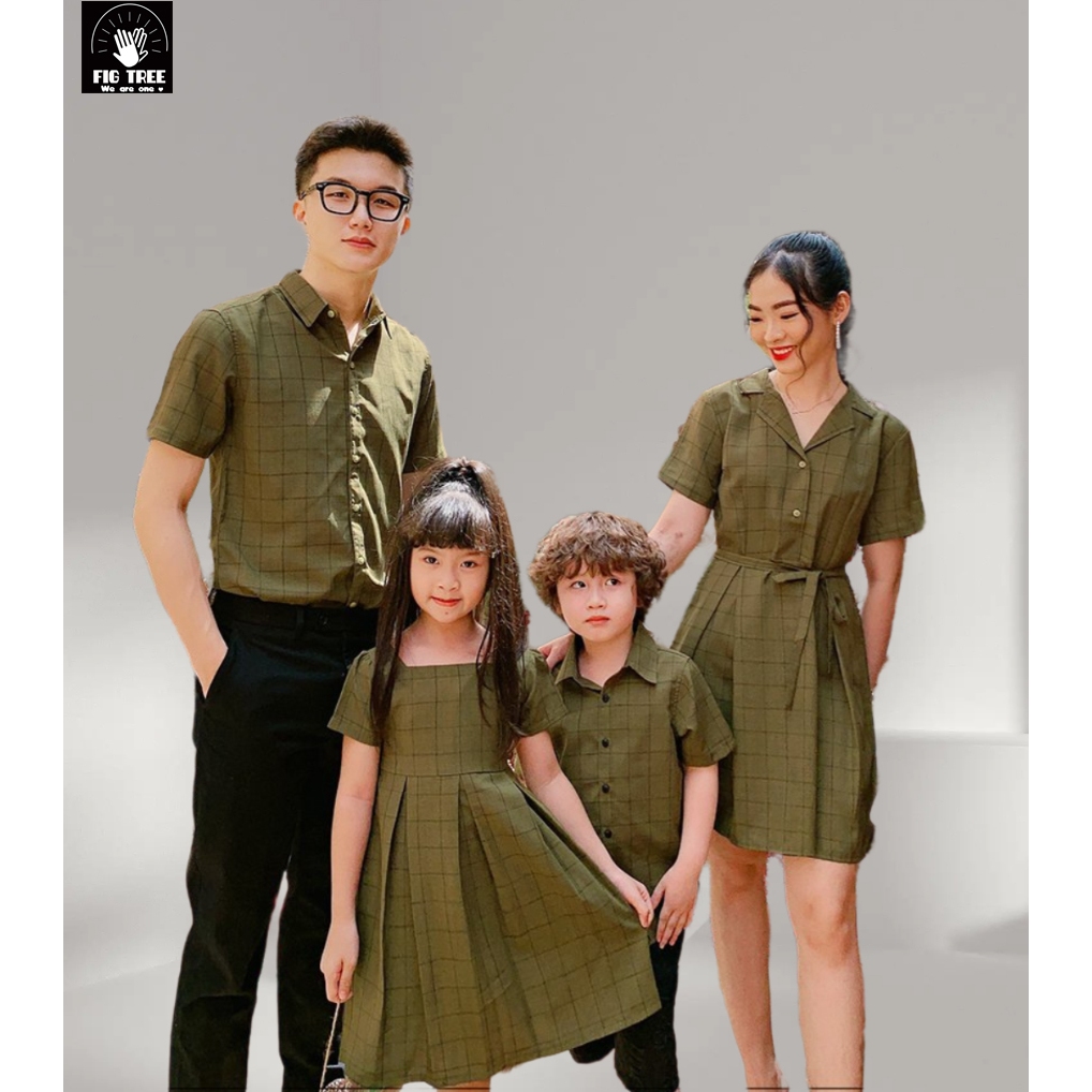 Đồng Phục Gia Đình Fig Tree Nam Áo - Nữ Váy Caro Xanh Rêu Siêu Dễ Thương, Chất cotton, ( MS :164B)