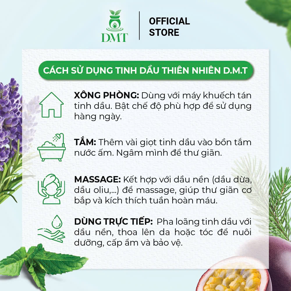 Tinh dầu xông thơm phòng DMT - xông phòng, đuổi muỗi, thiên nhiên nguyên chất 30ml - 12 Mùi hương