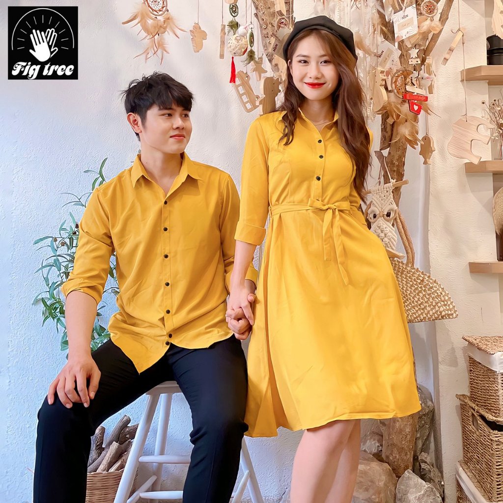 Set Sơ Mi Váy Đôi Fig TREE Màu Vàng ( Áo Nam Tay Dài - Nữ Váy Cổ Sơ Mi full size)
