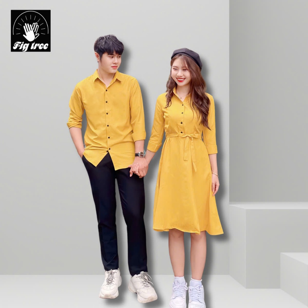 Set Sơ Mi Váy Đôi Fig TREE Màu Vàng ( Áo Nam Tay Dài - Nữ Váy Cổ Sơ Mi full size)