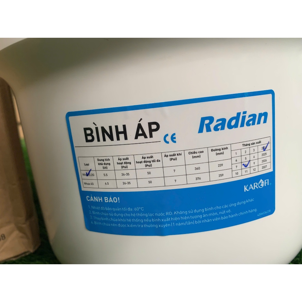 Bình Áp 3.2G và 4.0G Karofi Chính Hãng cho máy lọc nước RO Karofi siêu bền tặng kèm van chống nổ