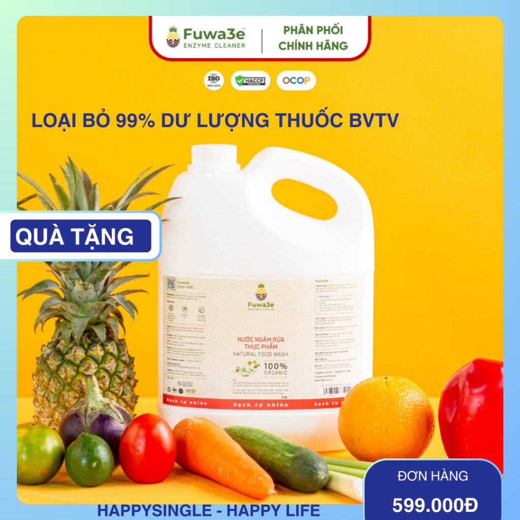 Nước ngâm rửa  rau củ thực phẩm enzyme dứa Fuwa3e làm sạch thực phẩm khử mùi tsau bvtv chất bẩn 3.8L