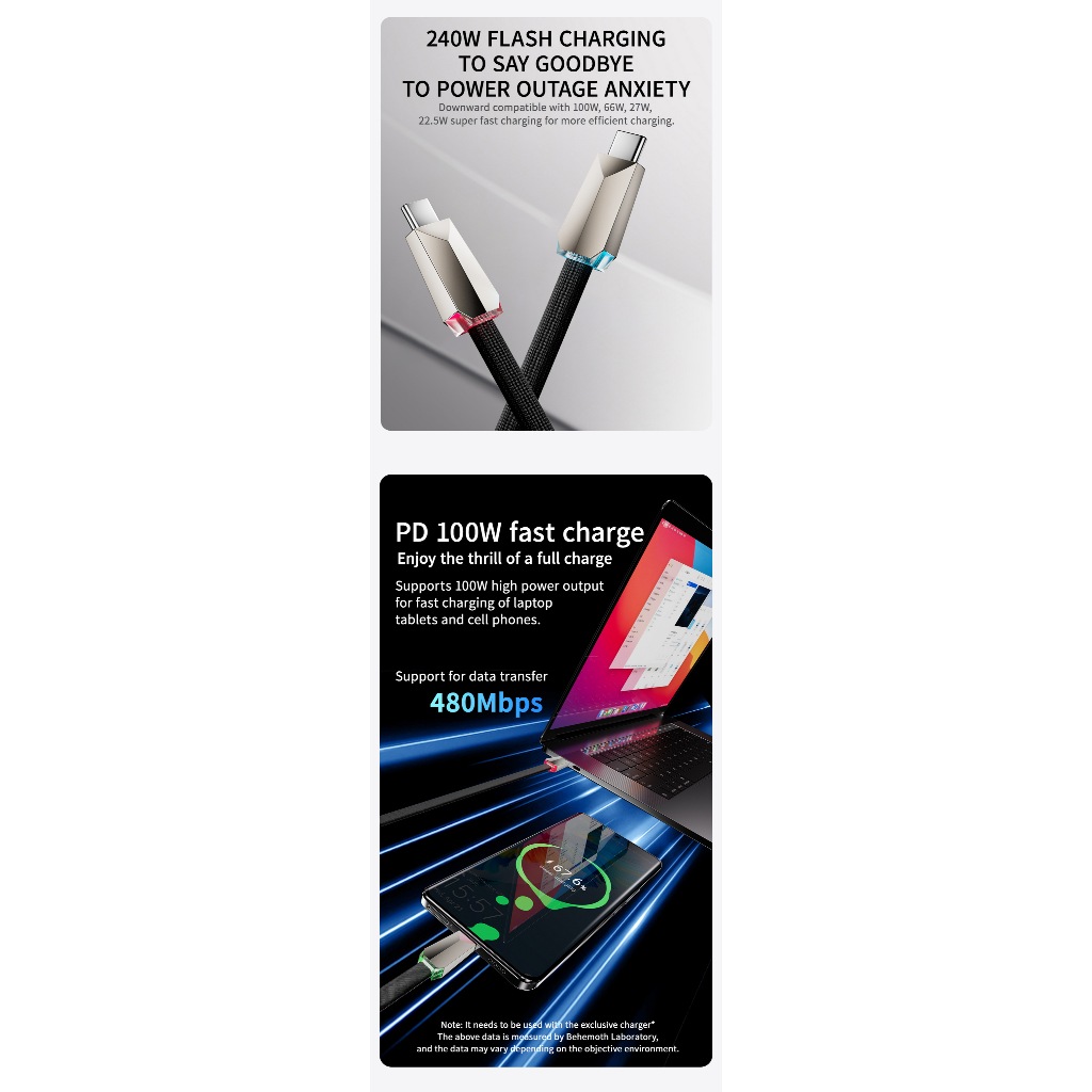 [Basemo] Cáp sạc nhanh 240W PD, đèn báo nhiều màu, truyền dữ liệu 480mbps, giao diện hợp kim kẽm sạc nhanh
